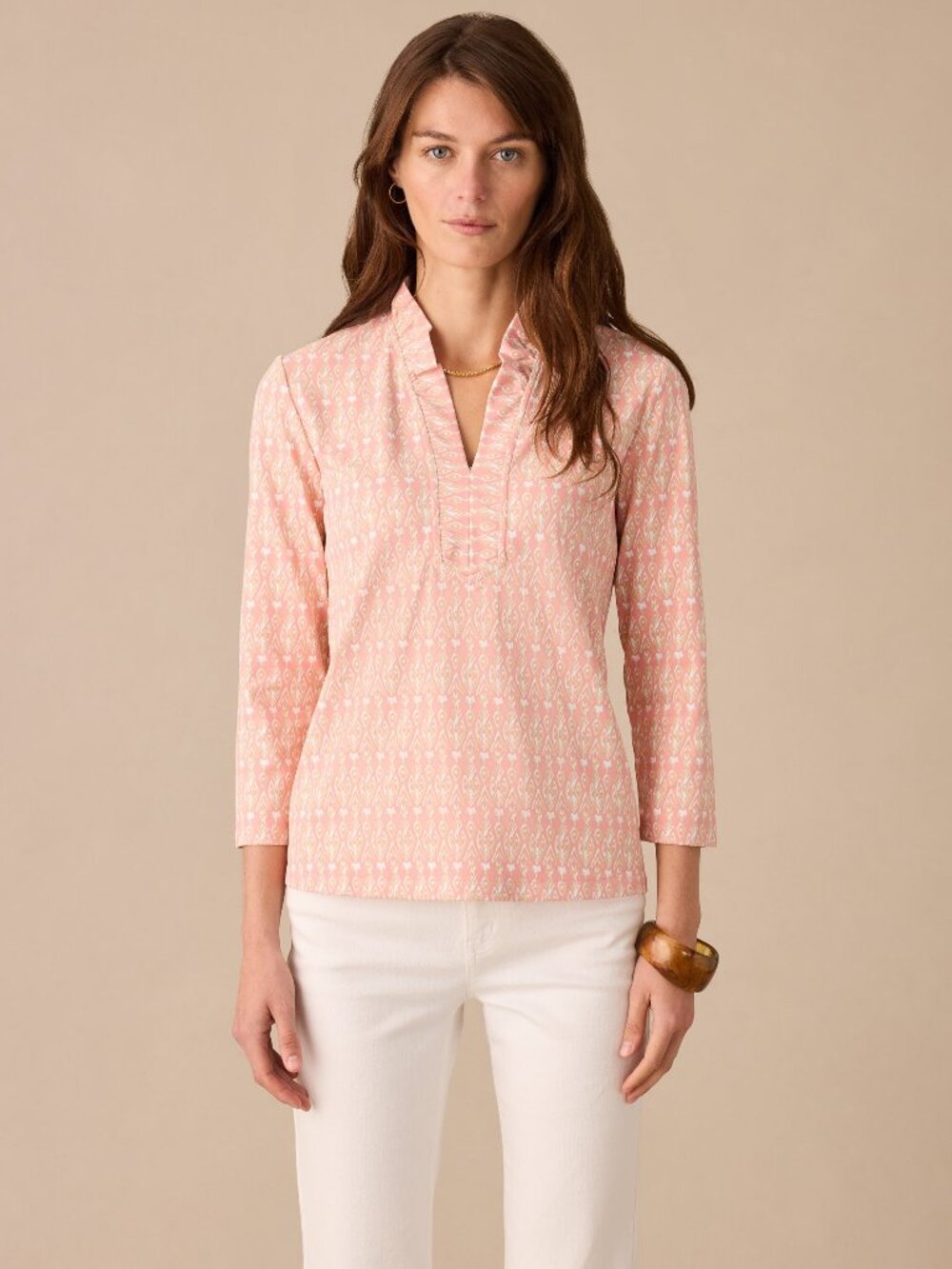 J McLaughlin Kate Ruffle Top in Neo Jewel Ikat - Light Coral/White NEW